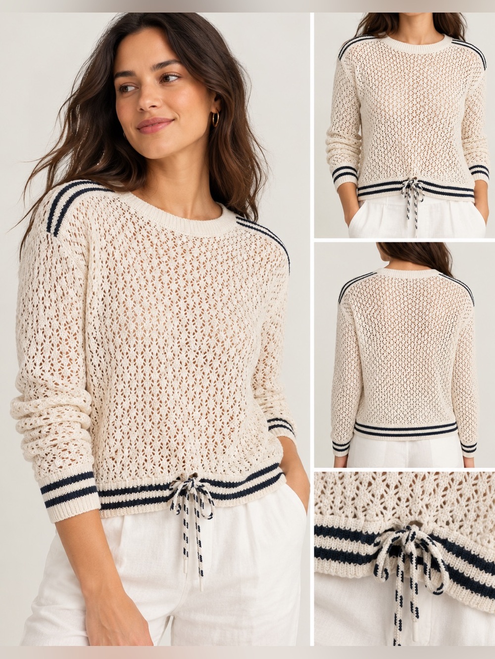 Lou & Grey 100% Cotton Open Knit Sweater – Ivory/Navy – Size S – NWT